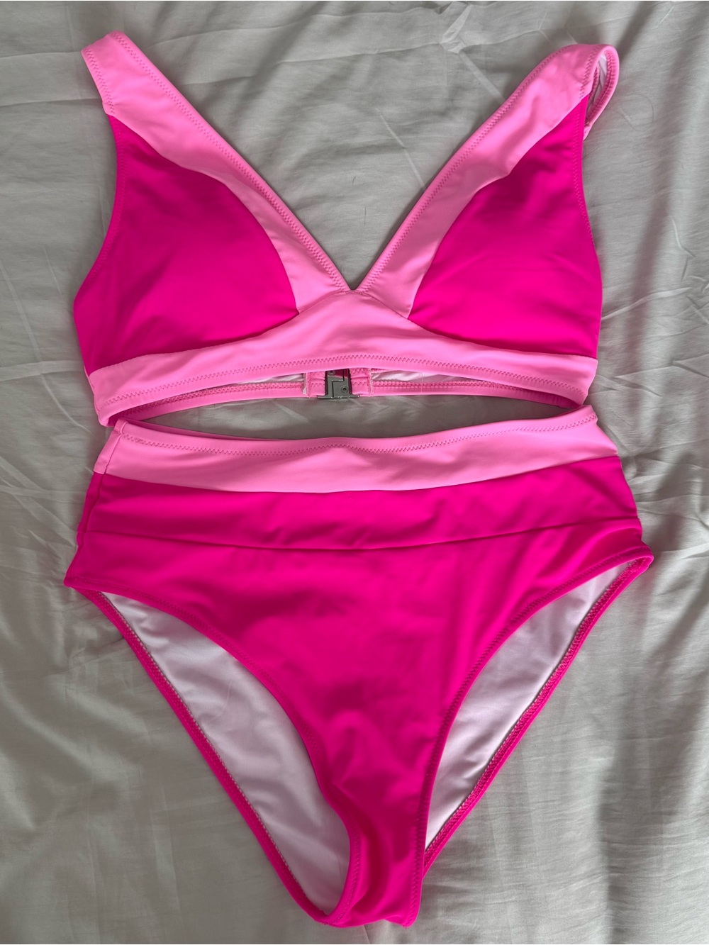 Two Piece Two-Tone Pink High-Waist Bikini